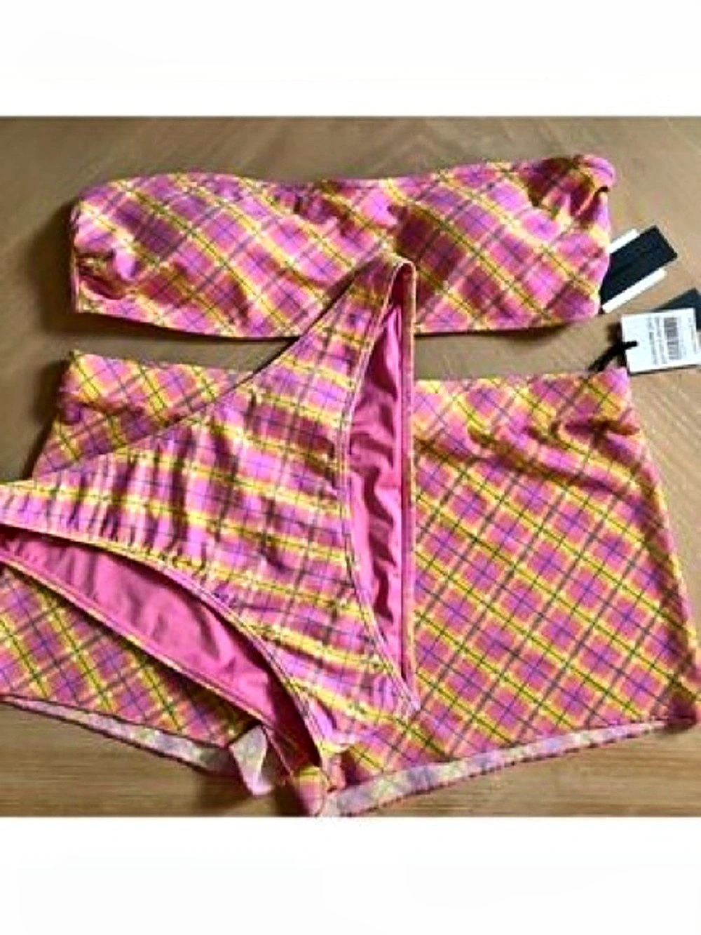 Kendall + Kylie Plaid bathing Suit Skort Set in Pink, White & Yellow Size Medium